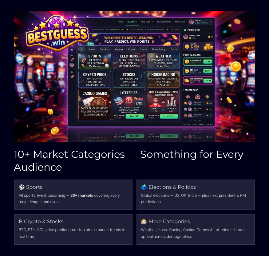 BestGuess.win market categories including sports, elections, crypto, and more