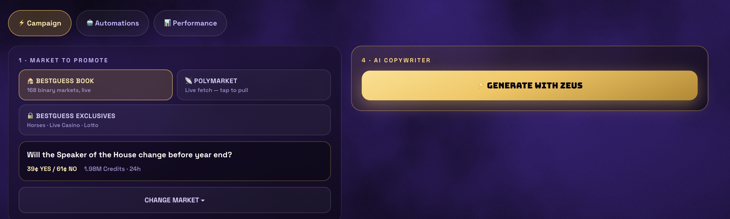 Zeus campaign: pick a live BestGuess market and generate