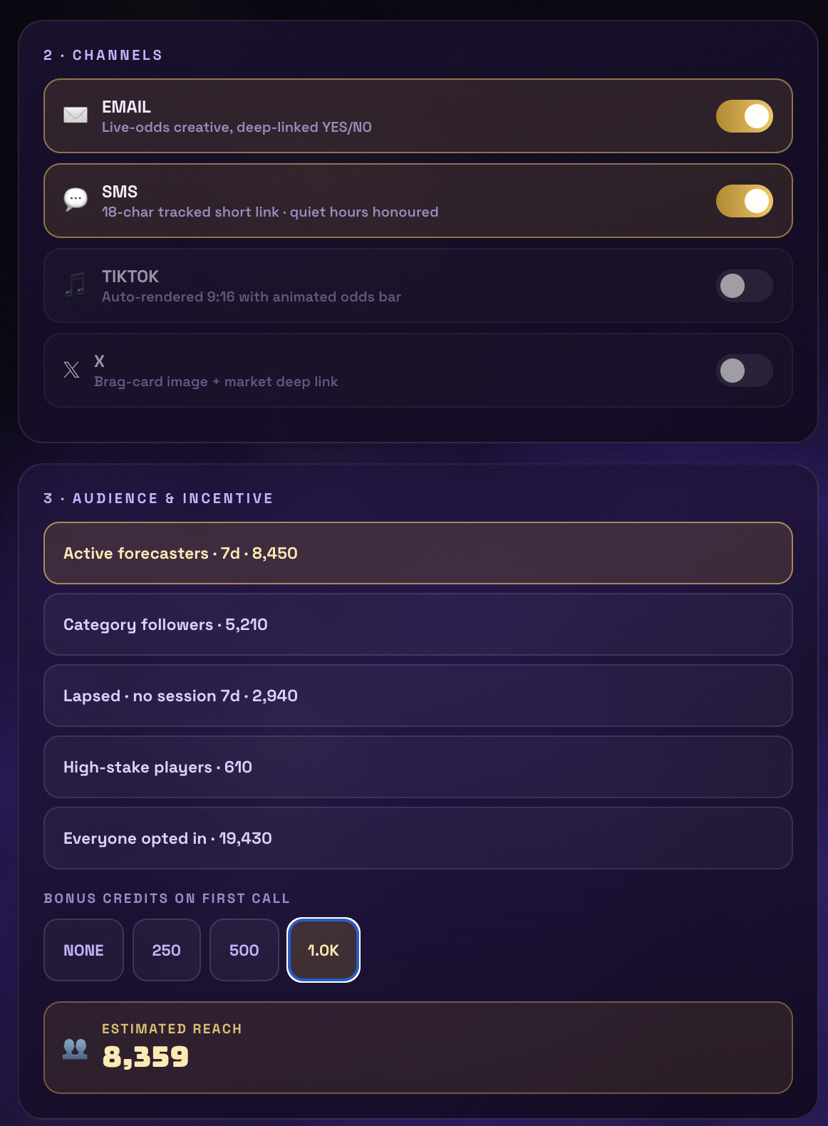 Zeus channels, audience segments, and bonus Credits
