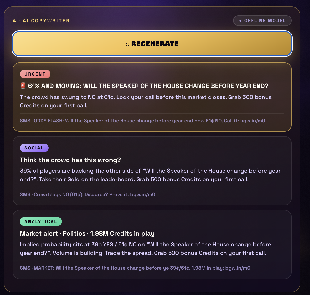 Zeus AI copywriter with Urgent, Social, and Analytical tones